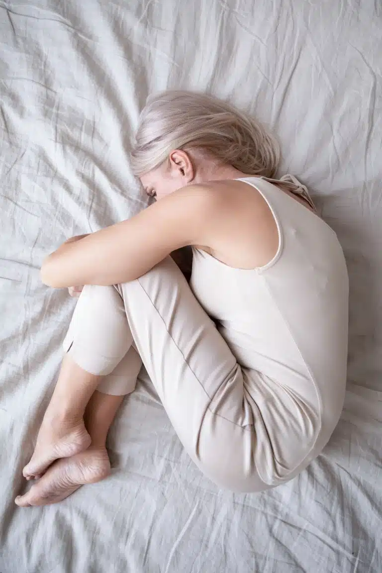Frau in Embryohaltung auf weißem Bett.